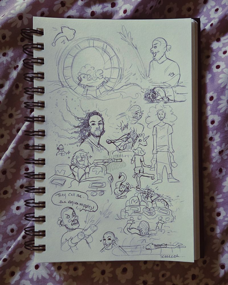Doodle page with arin and Dan doing activities in a pool.
Top left: manta ray toy, Dan as a hamster in a circular pool toy
Top right: arin squirting a toy from below. Vanessa on her side laughing.
Middle: left is Dan flipping his wet hair as Arin watches in awe, arin getting water in his face, Dan getting wacked in the face in a unicorn floatie, two dana showing off his wetsuit, Dan in his tank floatie looking smug, and Arin floating in his flamingo floatie.
Bottom left: arin shooting water from his chest saying "they call me the aqua nipples", arin showing off a coin, Dan and Arin quaking off in the water, and Dan sliding on his face on a slip n slide.