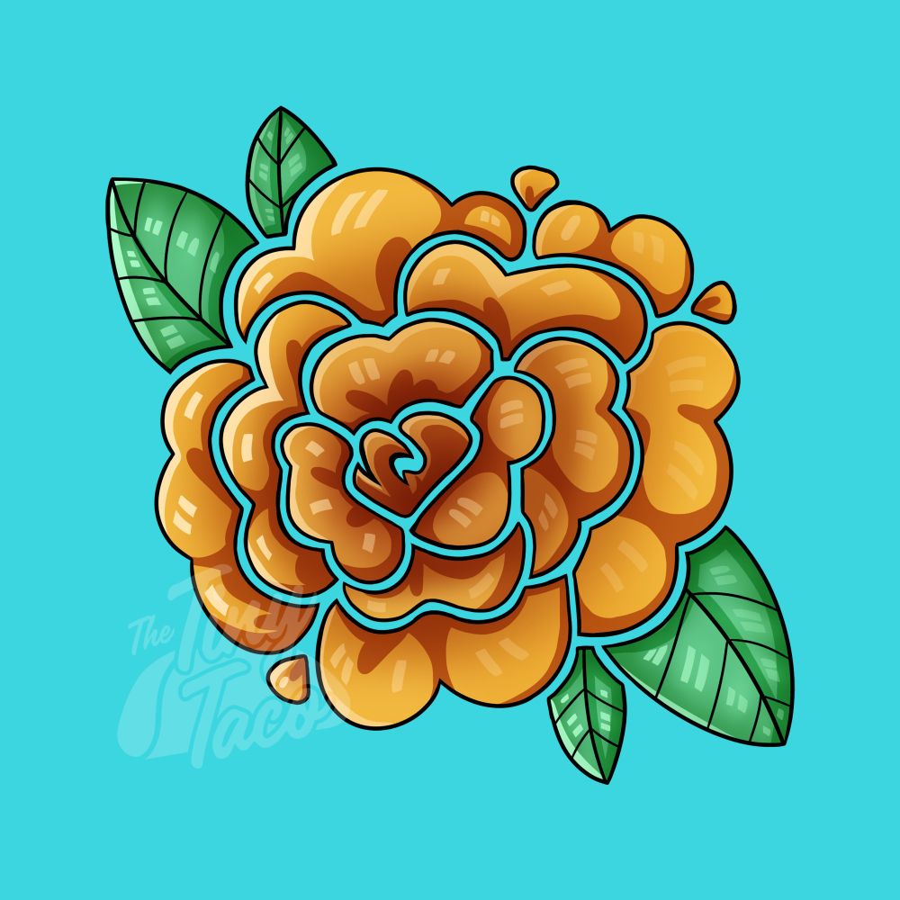 A light blue background with an orange flower in the center. Green leaves pop out on the top left and bottom right.