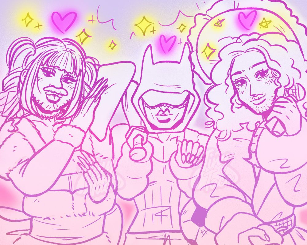 Arin, Batman, and Dan pose in cute outfits with a pink hie and yellow glow above. Arin on the left wears a cute soft gyaru look while holding a pillow with his long nails. Batman in the middle poses in a slay way with a bat. Then Dan on the right poses with a big frilly hat, holding a microphone, cell phone, soccer ball, and apple. 