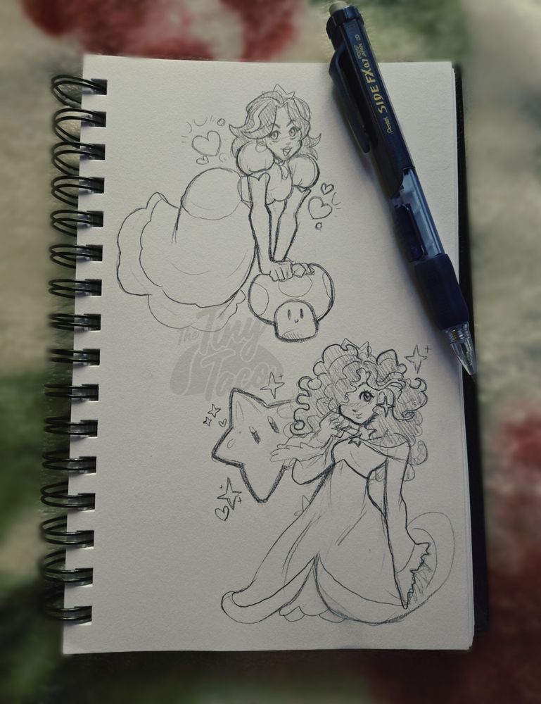 A sketchbook ontop of a floral blanket has a sketch of Arin Hanson as Princess Peach - and Dan Avidan as princess Rosalina. A pencil sits on the corner. Top left princess Arin poses with hearts and a happy expression pushing her hands ontop of a mushroom. Dan on the bottom left has a star next to her and stars around her. 