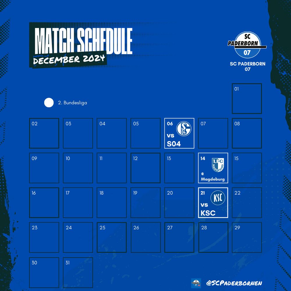A calendar of December 2024 showing the Paderborn fixtures.

- 6th December: vs. Schalke 04
- 14th December: @ 1. FC Magdeburg
- 21st December: vs. Karlsruher SC