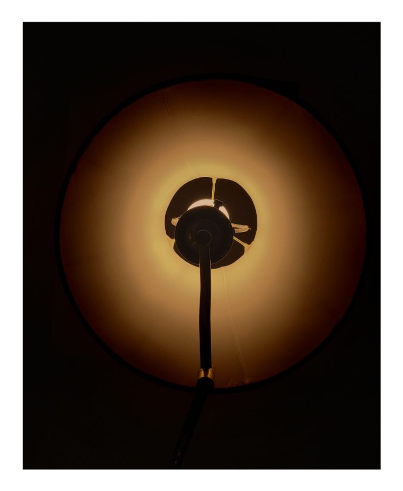 A photo looking up at a lamp from directly underneath. The background is dark, but the warm glow from the light can be seen radiating from the center of the picture. From this angle, the base of the bulb combine with other elements of the light to resmeble a lotus blossom. The image is high contrast with a warm color temperature.