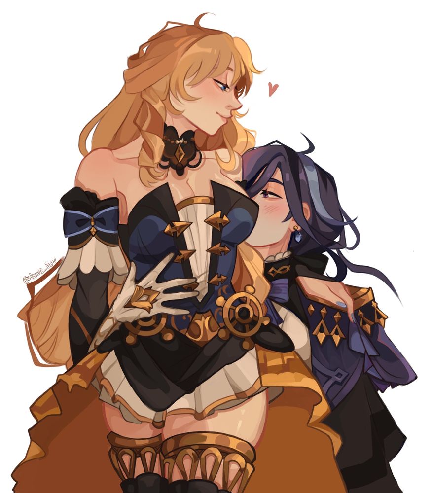 fanart that features navia being held by clorinde: characters from genshin impact