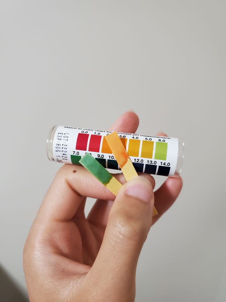 pH test strip showing an orange colour matching the 3.0 box, perhaps even a little deeper (shows up better in person) indicating pH around 2.5-3.0 corresponding to the juice of an apple i just ate. another pH strip indicating green for around 7.0-7.5 shows the reading for tap water.