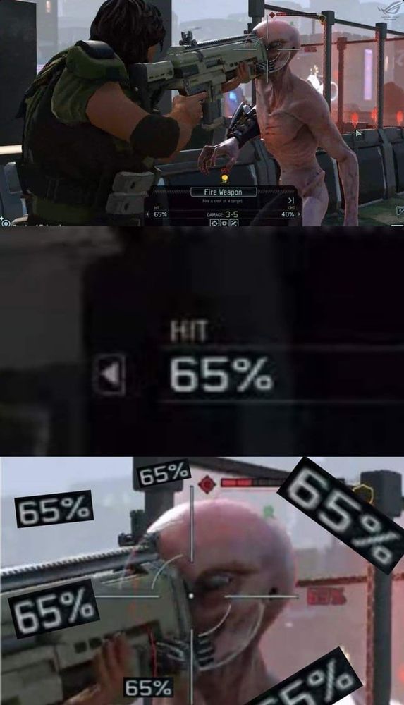 xcom 2 screenshot showing a hit chance of 65% despite the gun model lining up to be directly in the face of the sectoid