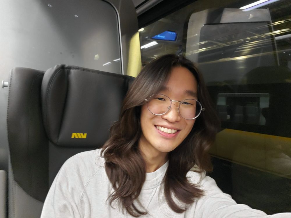 cat, happy facial expression, thrilled to be on a train.