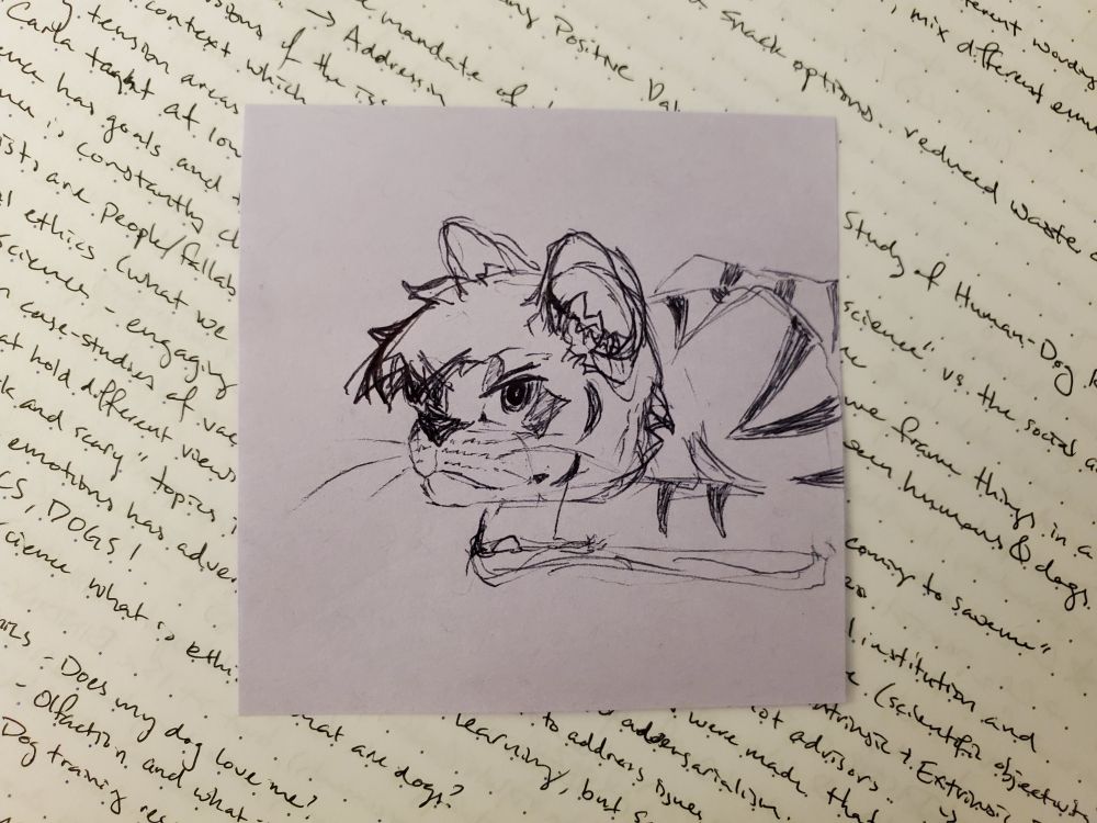 an ink sketch on a sticky note of a tiger sitting in a ready-to-pounce type of stance, head low down resting on their paw. still and focused.