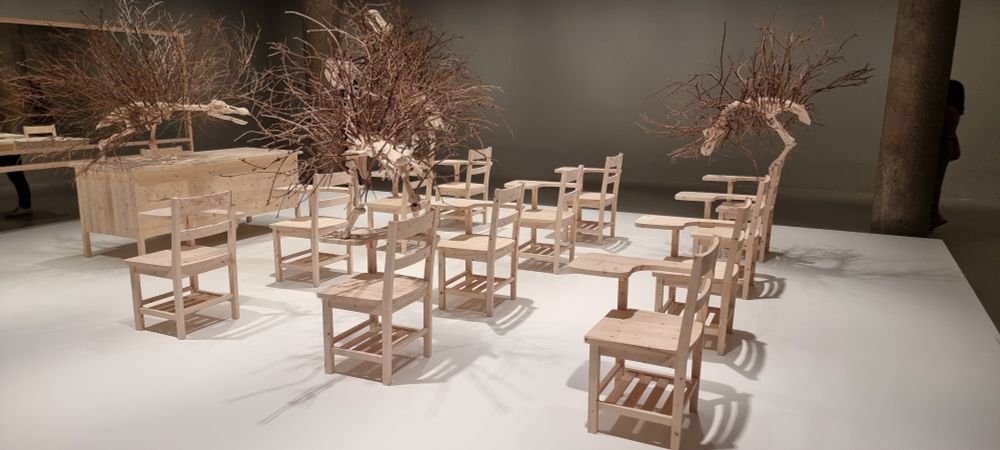 On a white floor, a schoolroom tableau of a teacher's desk and a dozen school chairs, and a mirror where the chalkboard would be. On the desk and several of the chairs stand skeletons of dinosaurs with naked tree branches growing out of them.