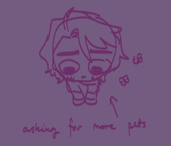 A doodle of Quinn from the video game Potionomics (2022). They look shy. The caption says "asking for more pets".