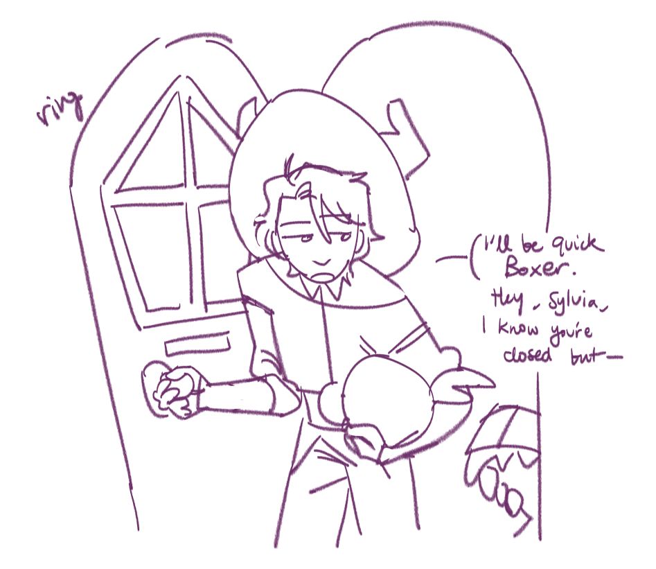 Quinn from the video game Potionomics (2022). They're going into Sylvia's shop while Boxer waits outside. They say, "I'll be quick Boxer. Hey, Sylvia, I know you're closed but-"