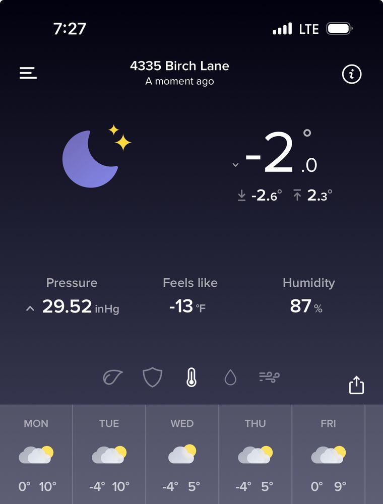 Screenshot showing -2F, feels like -13F