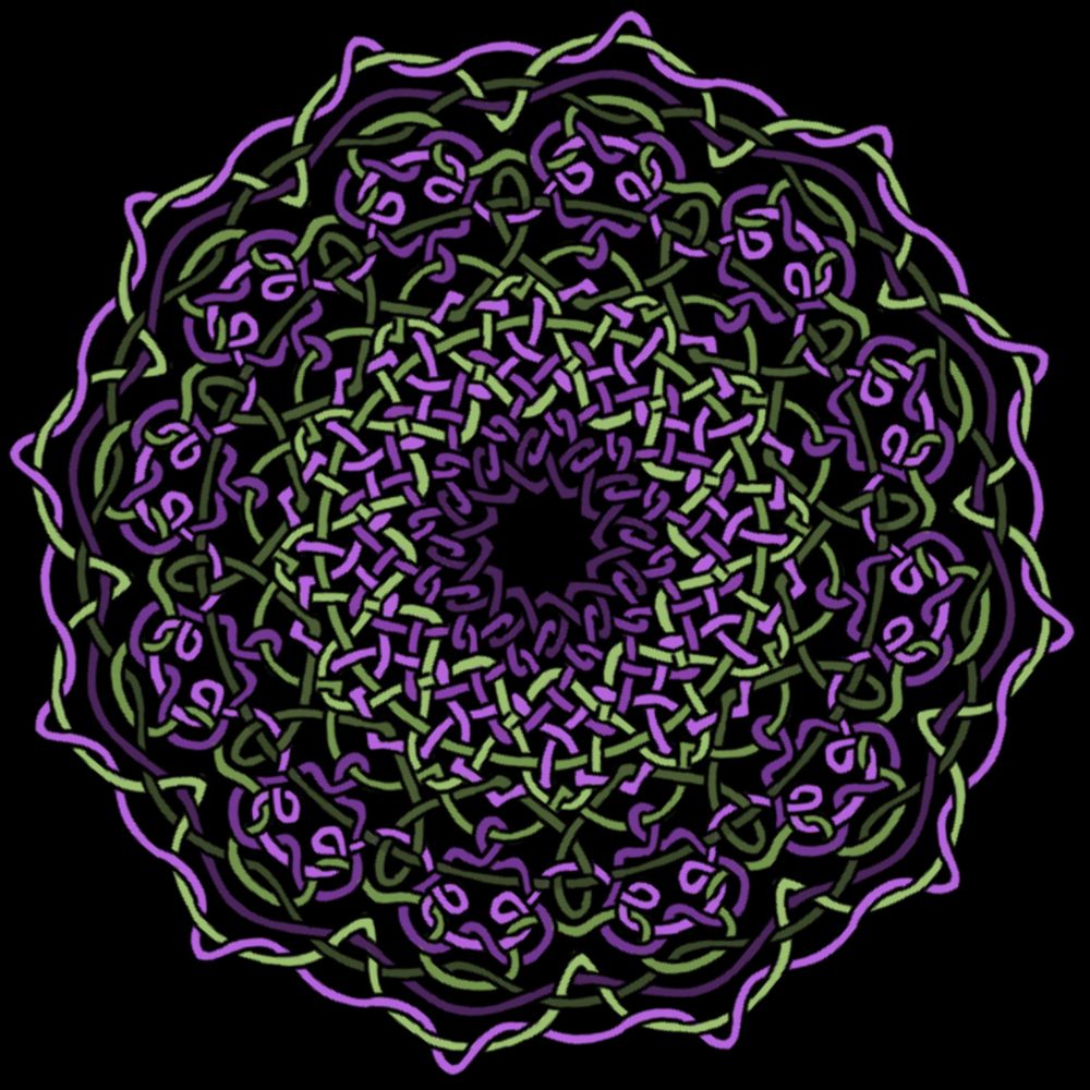 intertwined purple and green ribbons, in a complicated rosette with 12-fold symmetry. transparent background.