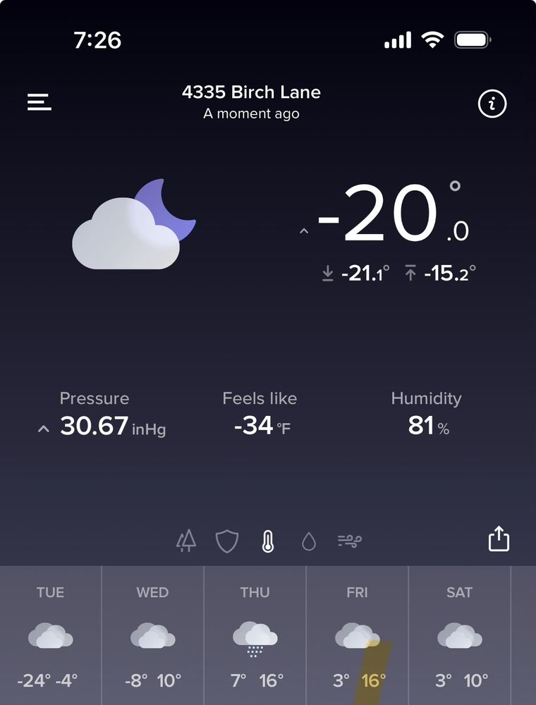 Screenshot showing -20(F). Feels like -34F, apparently. 