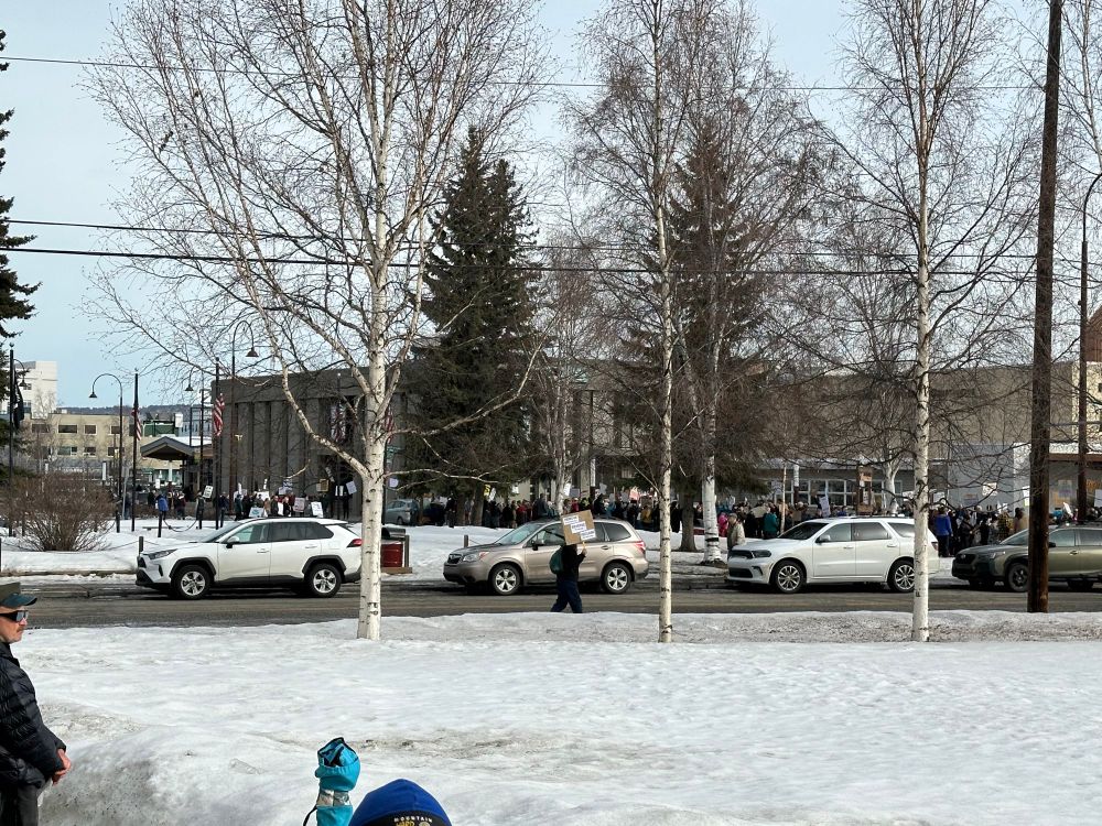 Lots of people lining a road with signs 