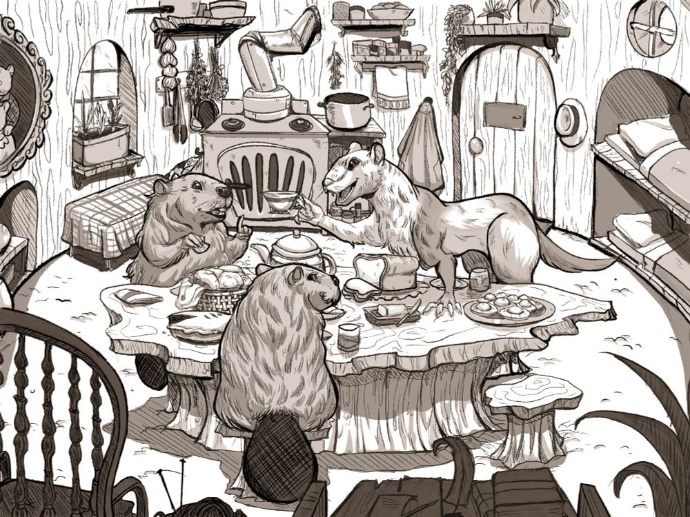 Digitally drawn illustration of a ferret named Roxie having tea at an oakwood table with Mr. and Mrs. Beaver from the Narnia series