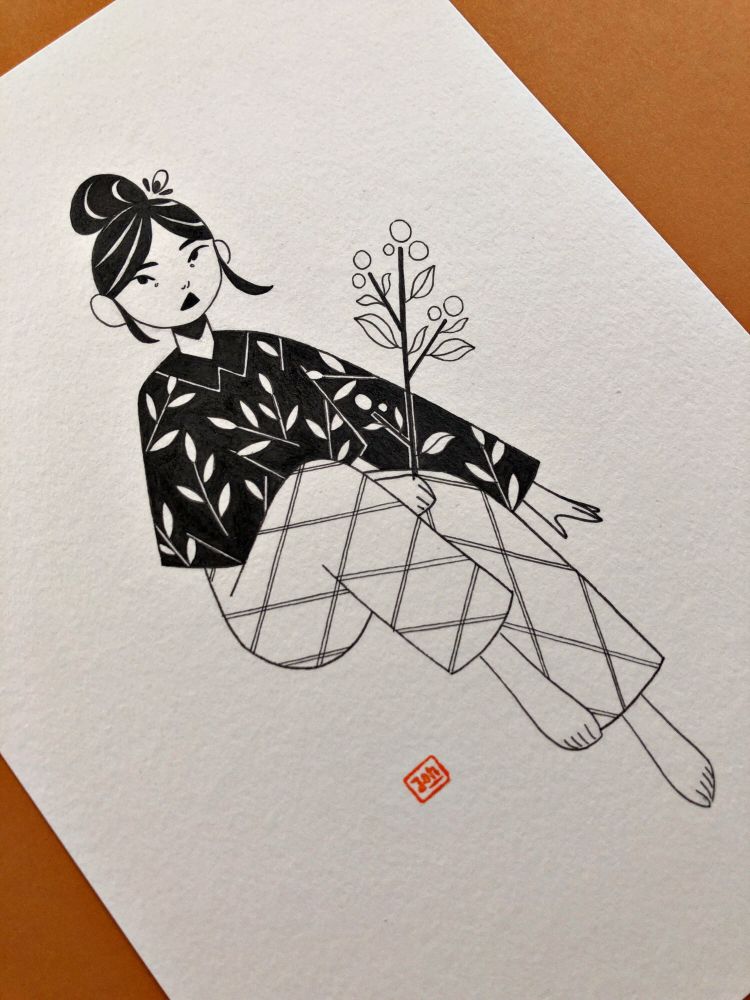 A girl holding a branch with berries. Black ink on paper.