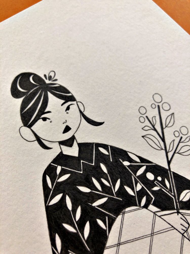 Detail of a girl holding a branch with berries. Black ink on paper.