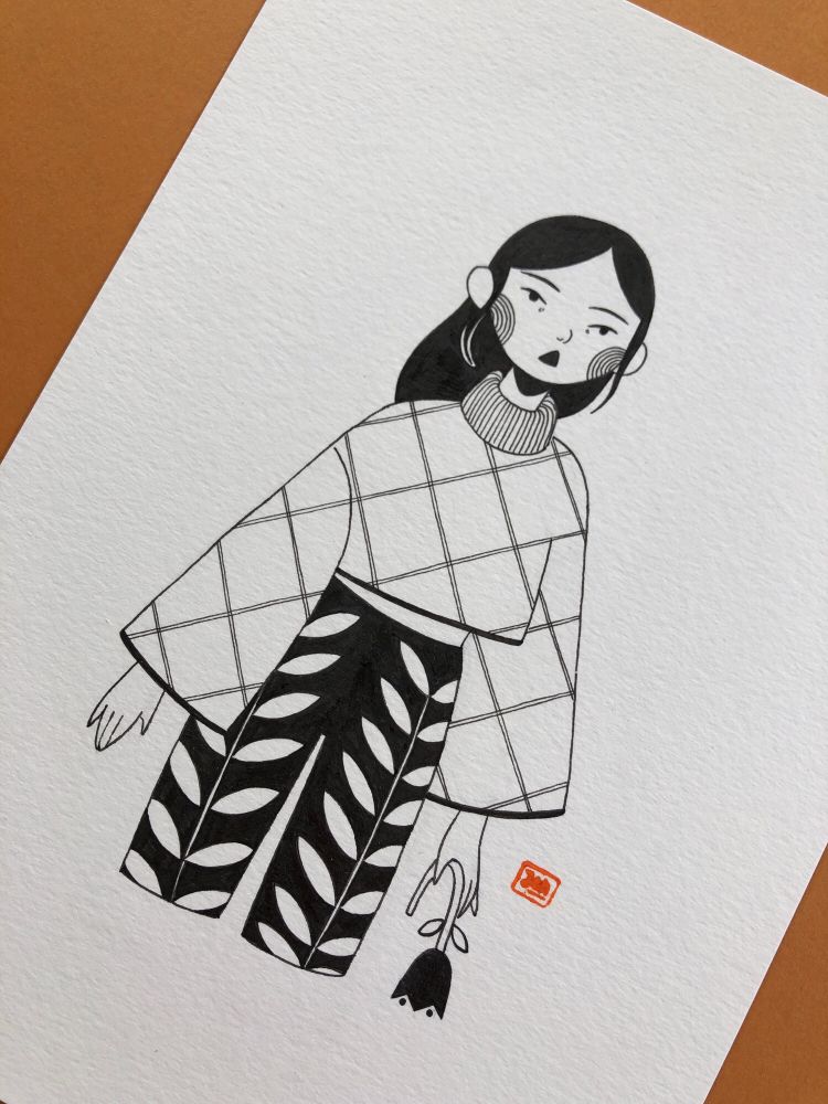 Black ink on paper. A girl holding a flower.