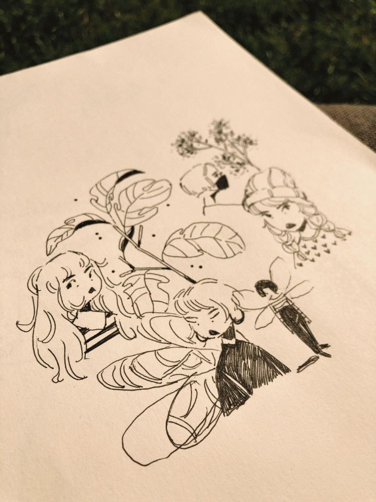 Inked sketches of some girls and plants