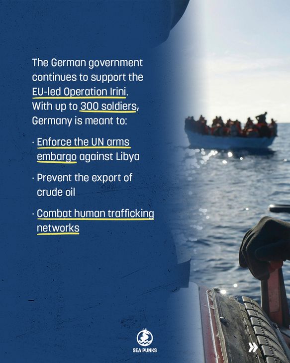 white letters on blue background, info sheet on Germany's prolonging of Irini Mandat