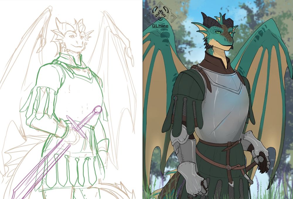 Comparison of early rough sketch (to the left) and finished artwork (to the right), featuring dracthyr in armor