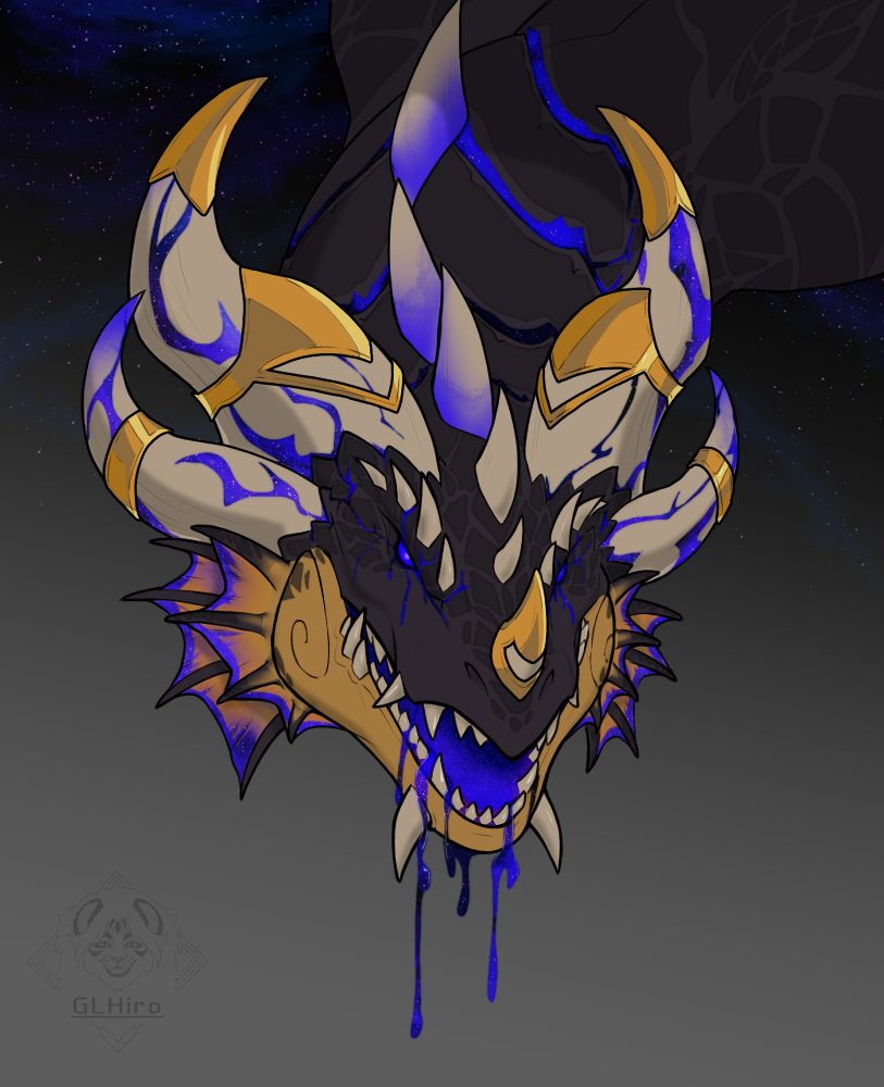 A portrait of a void corrypted black dragon with void dripping out of his open mouth (Like daddy like son)