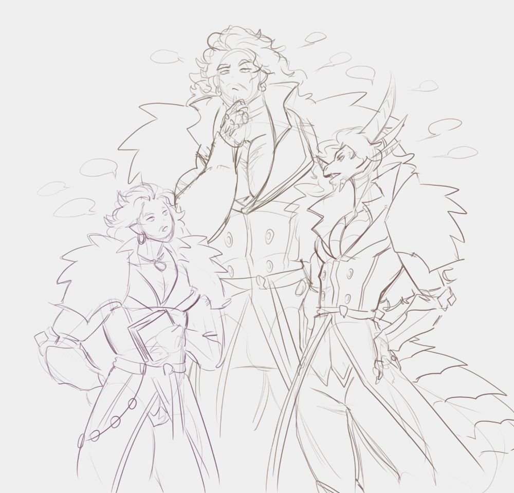 Just a doodle with 3 Wrathions from different AUs, standing in a circle and RATting (gossiping)