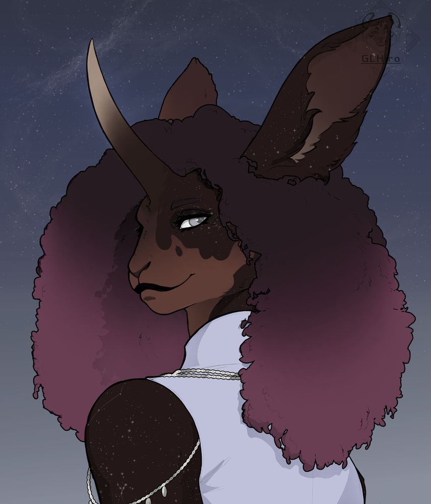 A portrait with a bunny girl with a unicorn horn and extra curly hair