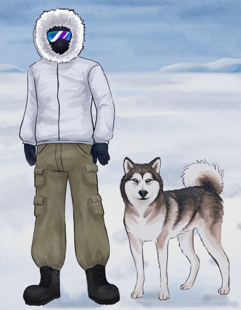 #art of Man in snow protective gear and a husky  walking in the arctic