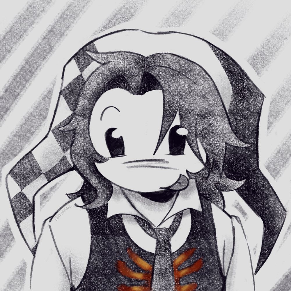 Art of a mostly black and white character sticking their tongue out