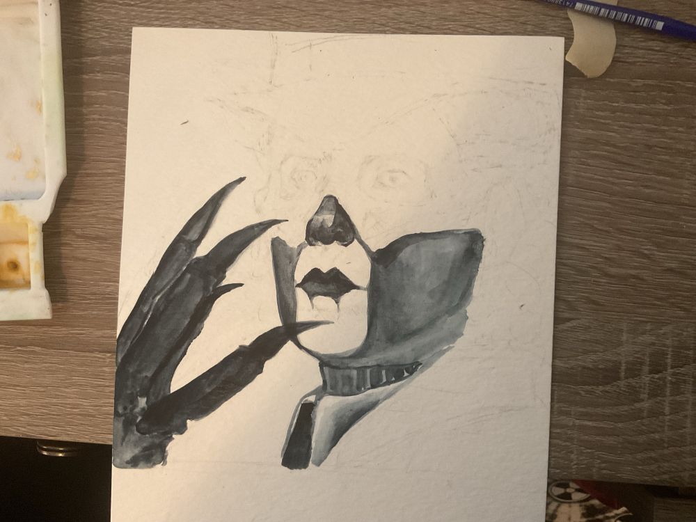 Day 1 of progress on a watercolor painting of papa V Perpetua from Ghost.