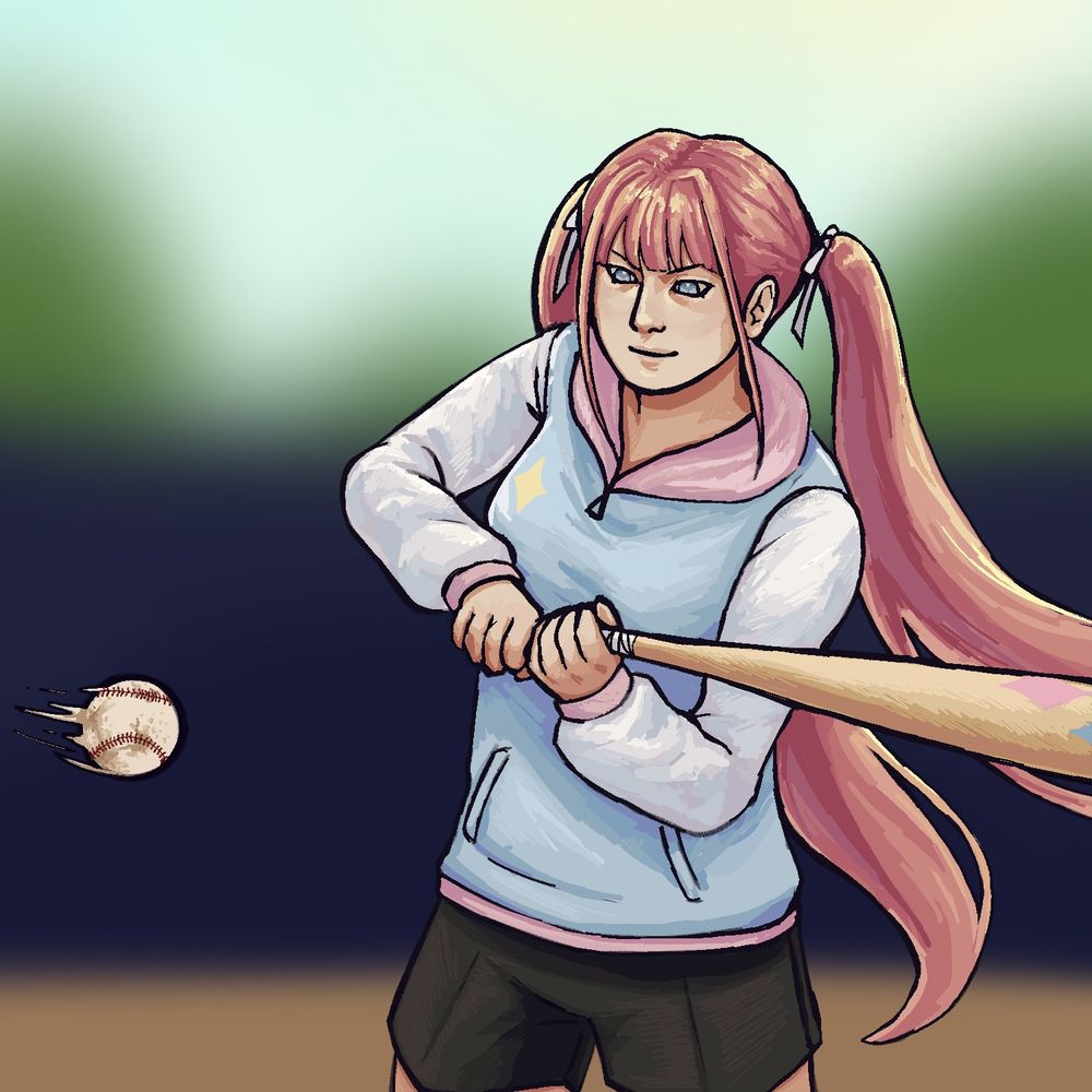 Art of a girl swinging a bat at a baseball