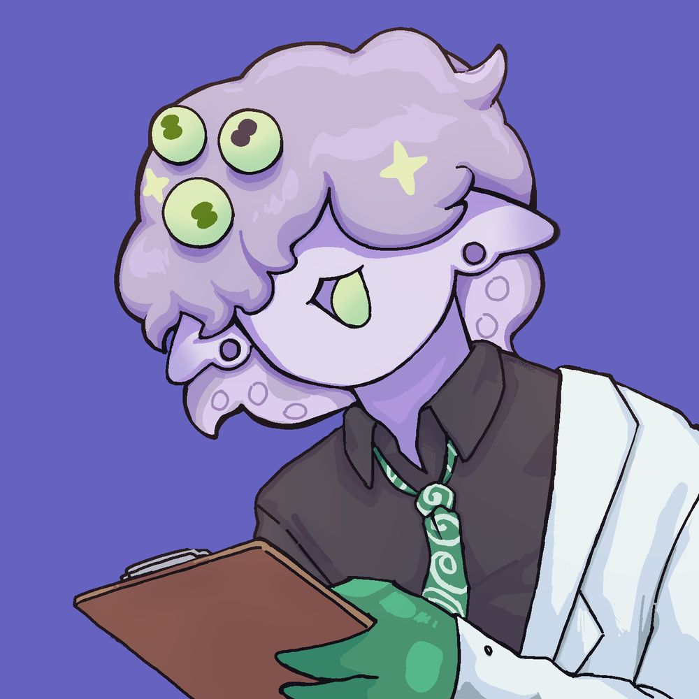 Drawing of a Purple alien dude with green features in a lab coat holding a clip board