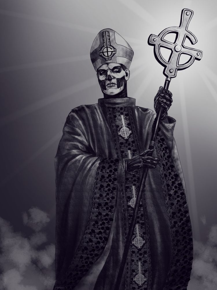 Papa emeritus II / Secondo from the band ghost drawn digitally with a pencil brush

He holds his staff with dramatic lighting and smoke