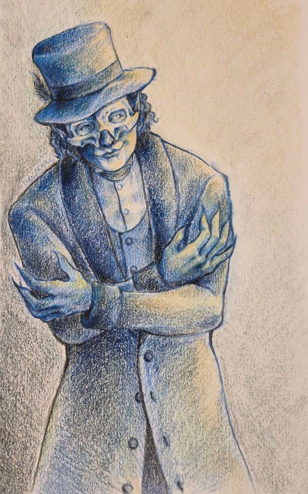 Colored pencil drawing of Papa V Perpetua in a custom outfit