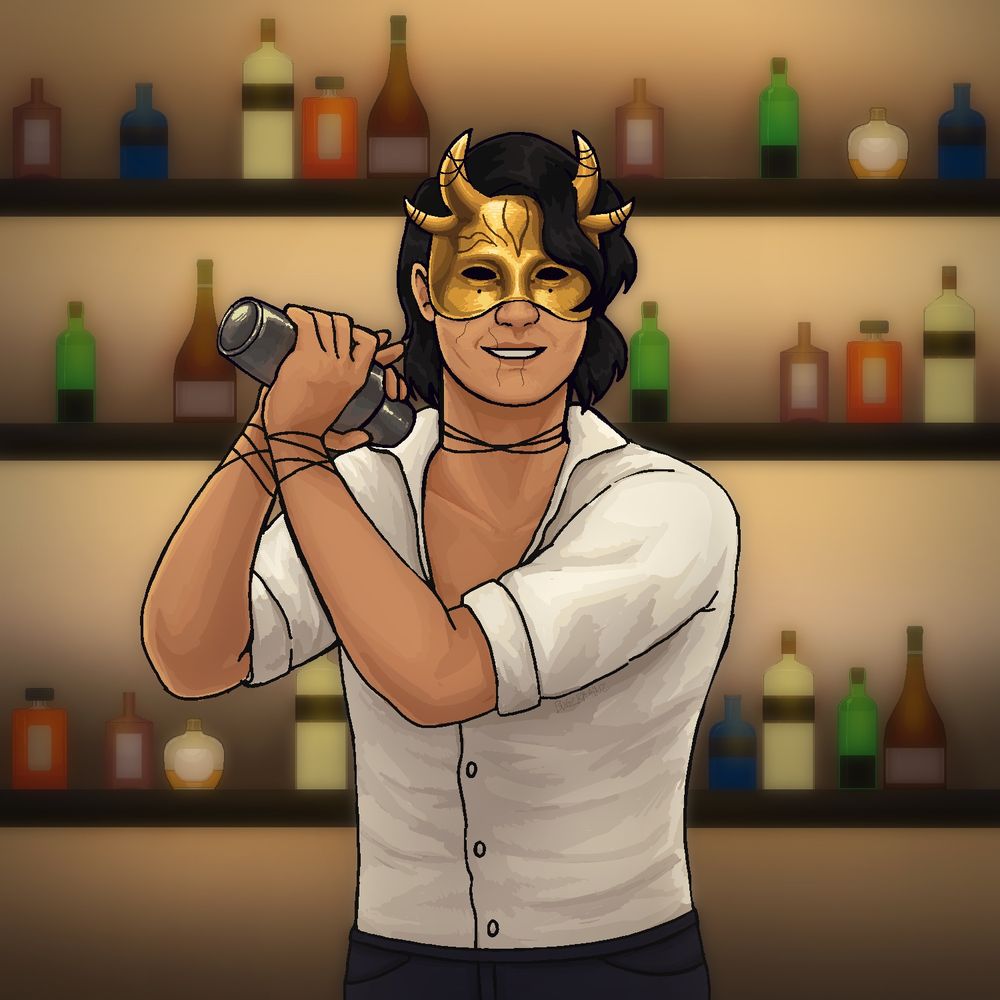 #art 
Bartender with mask using a drink shaker