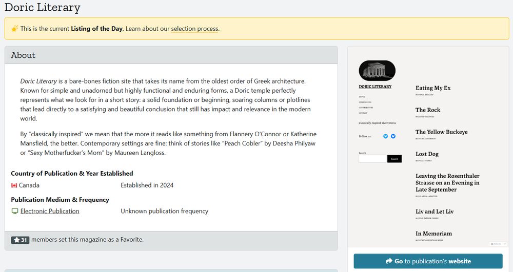 Image is a screenshot of the Doric Literary listing at Duotrope. It includes a yellow banner acknowledging that: "This is the current Listing of the Day"!