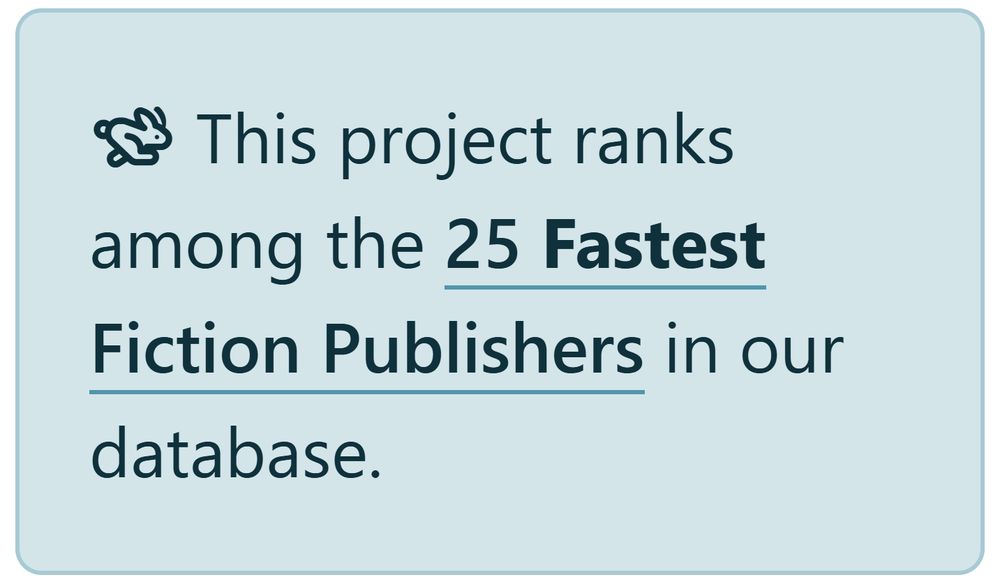 Image shows a blue rectangle with a running bunny, followed by the words: This project ranks among the 25 Fastest Fiction Publishers in our database.