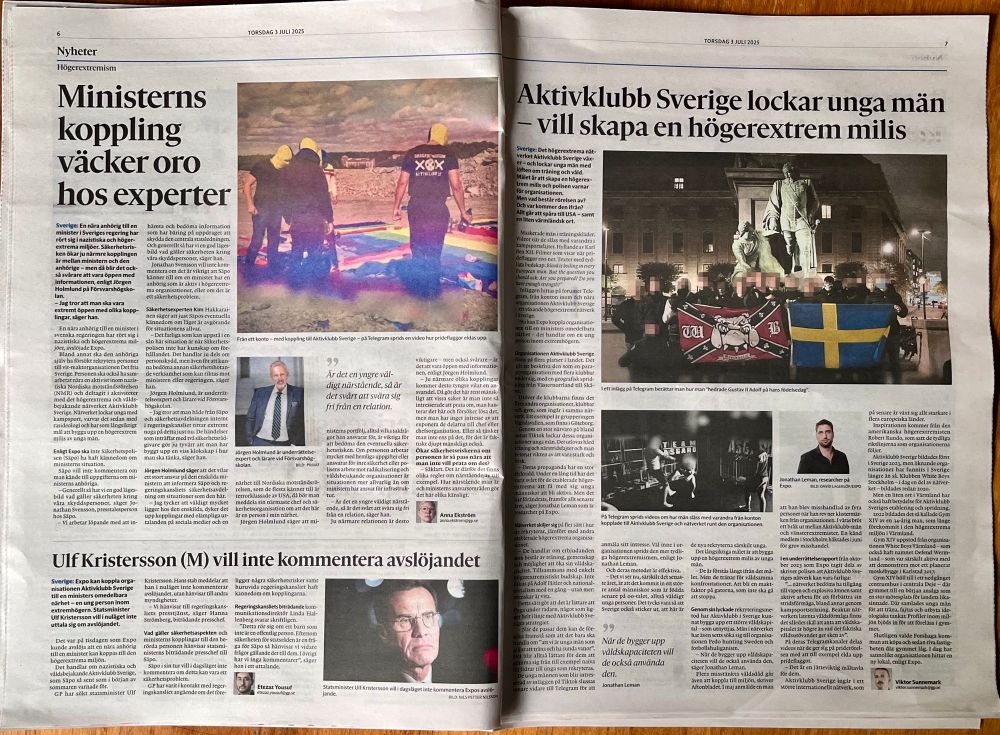 Uppslagen dagstidning med tre artiklar kring Forsells sons medlemskap i en nazistorganisation. 