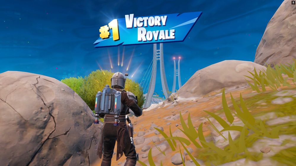 pic shows a screen grab of my first ever victory royale on Fortnite, wearing the Mandalorian skin, complete with jetpack.