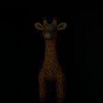 Giraffe plushy on a shelf giving Annabelle vibes.