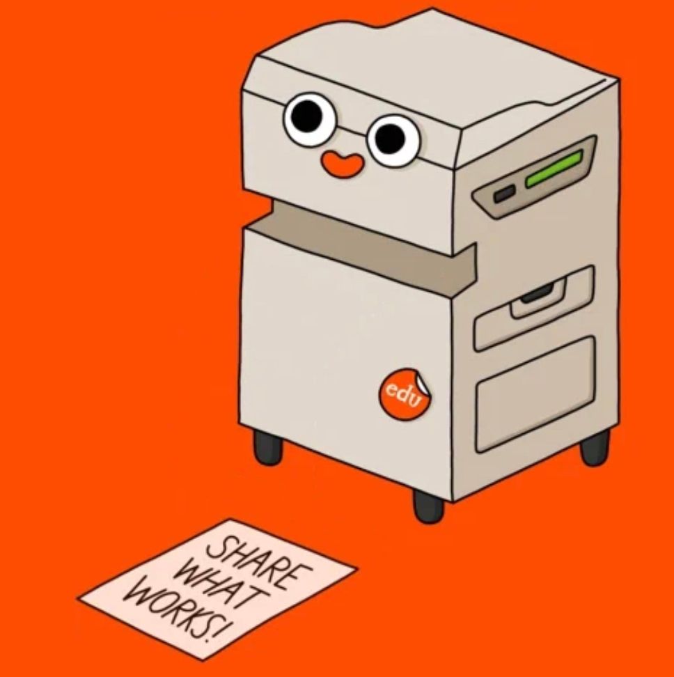 This is a printer that has printed a note that reads “share what works!”.