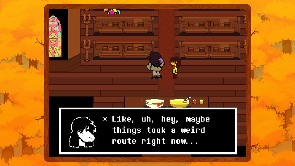 screenshot from deltarune chapter 4

susie: Like, uh, hey, maybe things took a weird route right now...