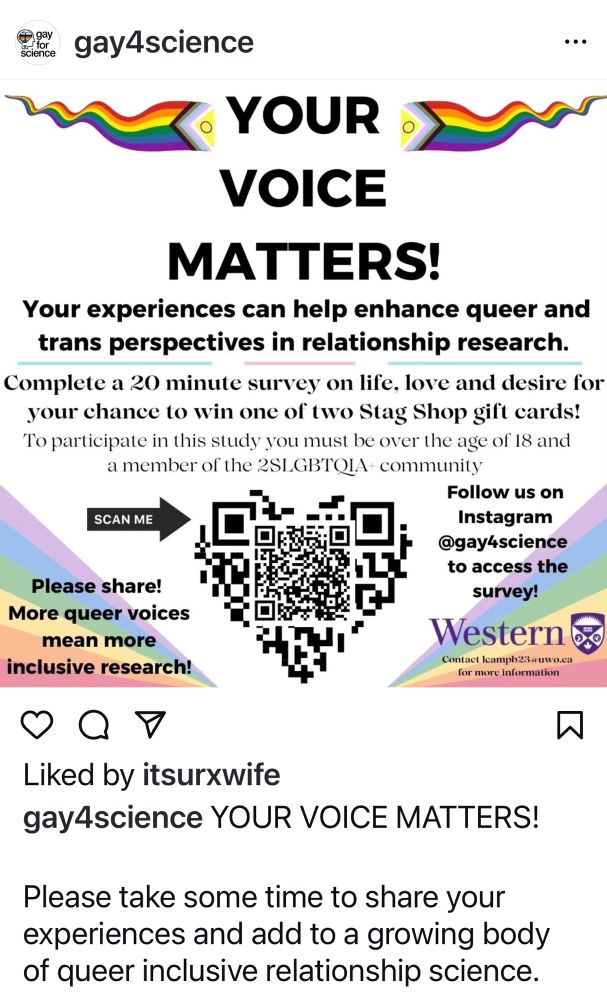 Invitation to participate in research on relationship experiences of queer and trans people. Invite has a QR code and link to instagram page. 