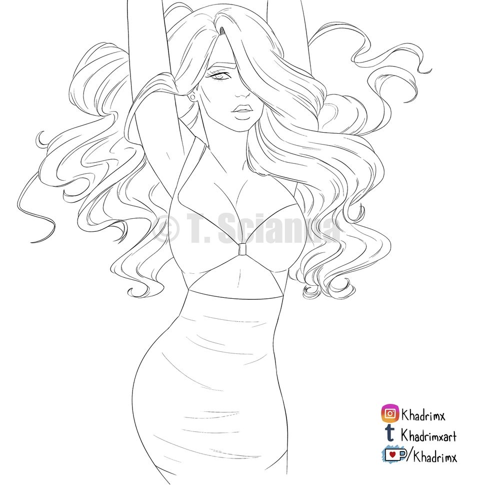 Scarlett lying on her back, showing off the dress she's in, her curly hair flowing around her. Digital lineart.