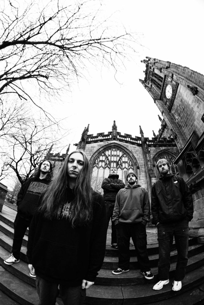 Black & White photo of the 5 members of the band Gates to Hell