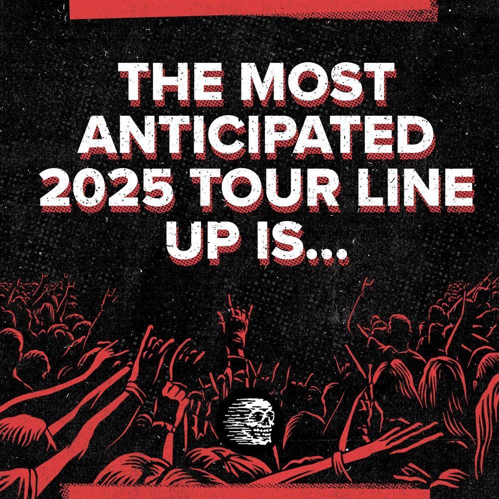 Illustration showing the audience of a metal concert, with the text "The most anticipated 2025 tour line up is..."