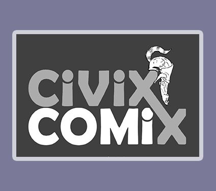 the Civix Comix logo, with a cute little civet peering over the conjoined X