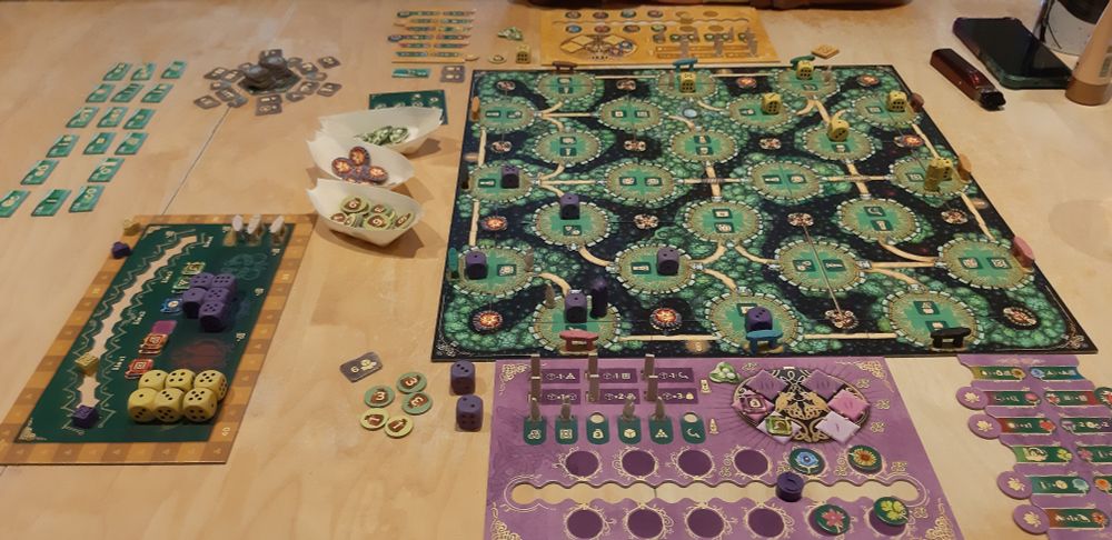 Les plateaux des Druides d'Edora en cours de partie, mes violets face à ses jaunes. J'ai paumé les deux parties qu'on a faites ^^' On va commencer à venir s'embêter dans nos clairières de départ respectives (mi partie à peu près)