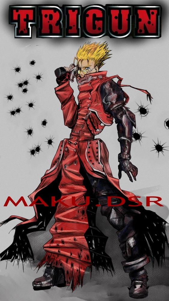 Main character from manga Trigun. Vash and the Stampede. He has blonde spiked hair. A long red leather jacked with bullet holes at the bottom. His left arm is biomechanical